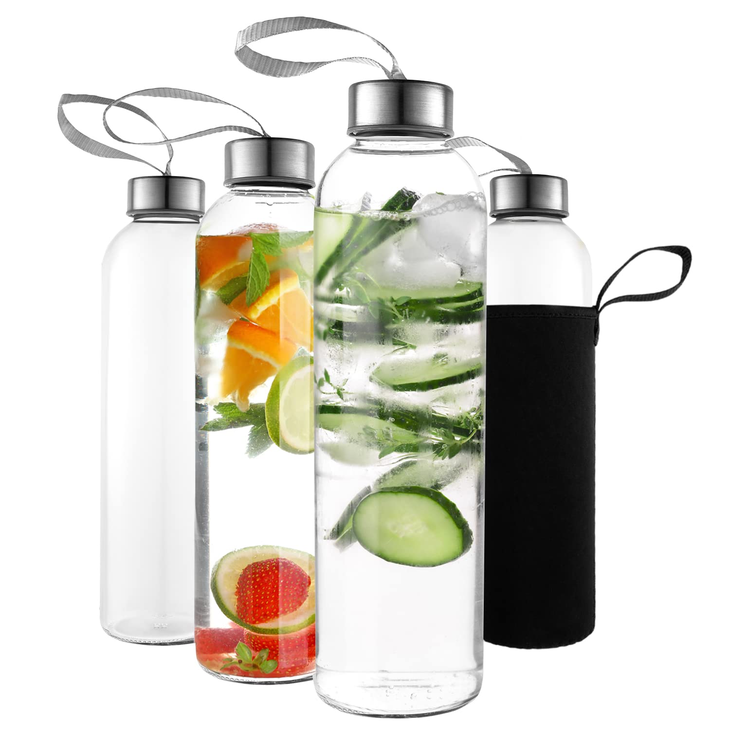 Kitchen Lux 16 Ounce Glass Water Bottles, Reusable Water Bottles with Airtight, Pack of 4, Stainless Steel Lids Carrying Strap And Nylon Water Bottle Protective Sleeves for Hot Or Cold Drinks