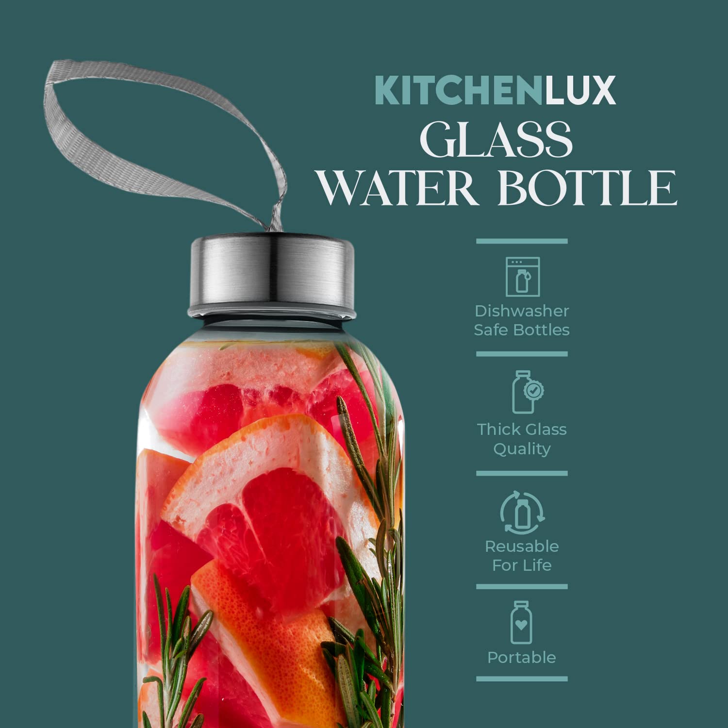 Kitchen Lux 16 Ounce Glass Water Bottles, Reusable Water Bottles with Airtight, Pack of 4, Stainless Steel Lids Carrying Strap And Nylon Water Bottle Protective Sleeves for Hot Or Cold Drinks