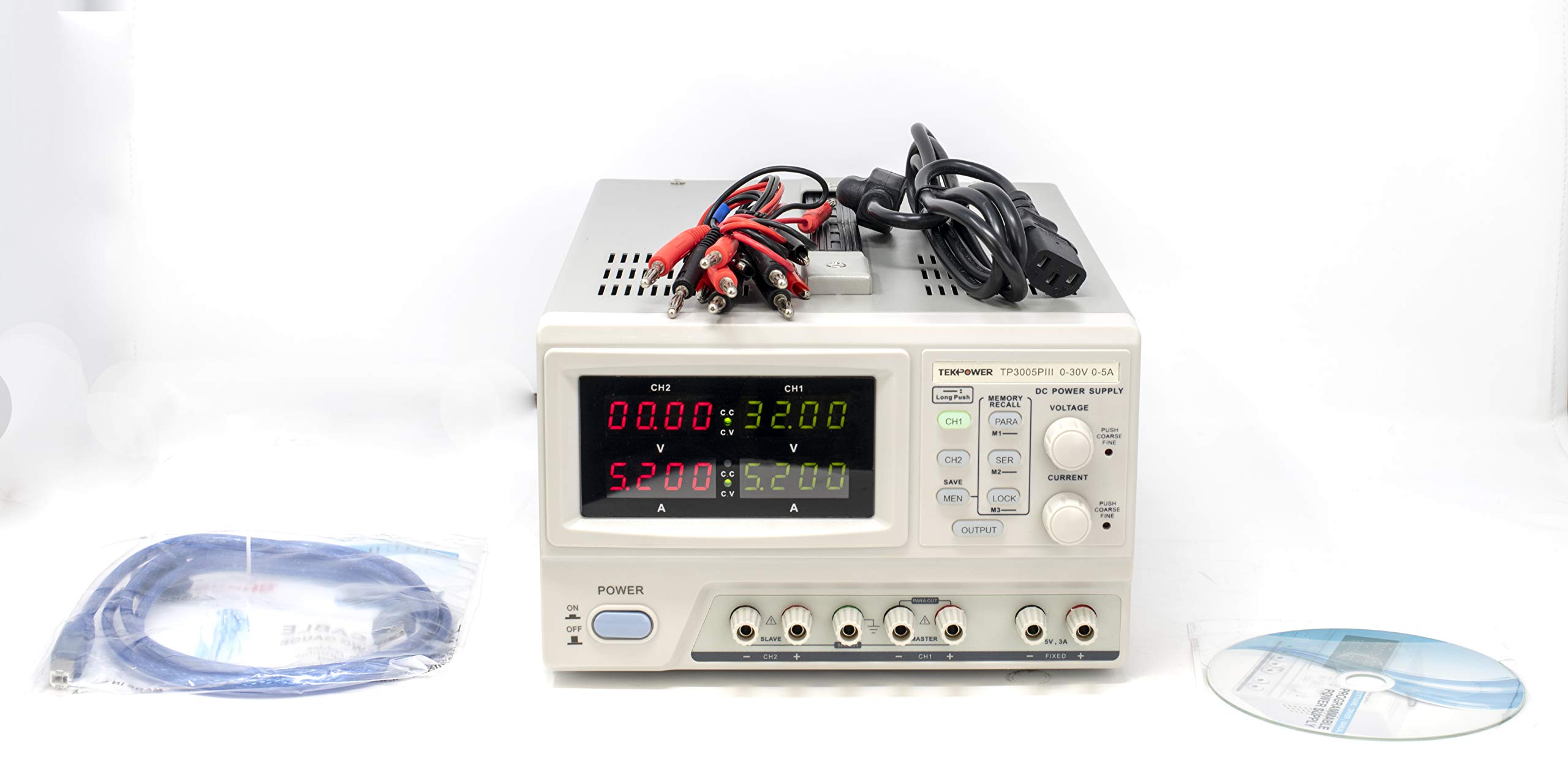 Tekpower TP3005PIII Programmable Variable Regulated Triple Output DC Power Supply, 0-30V at 0-5A