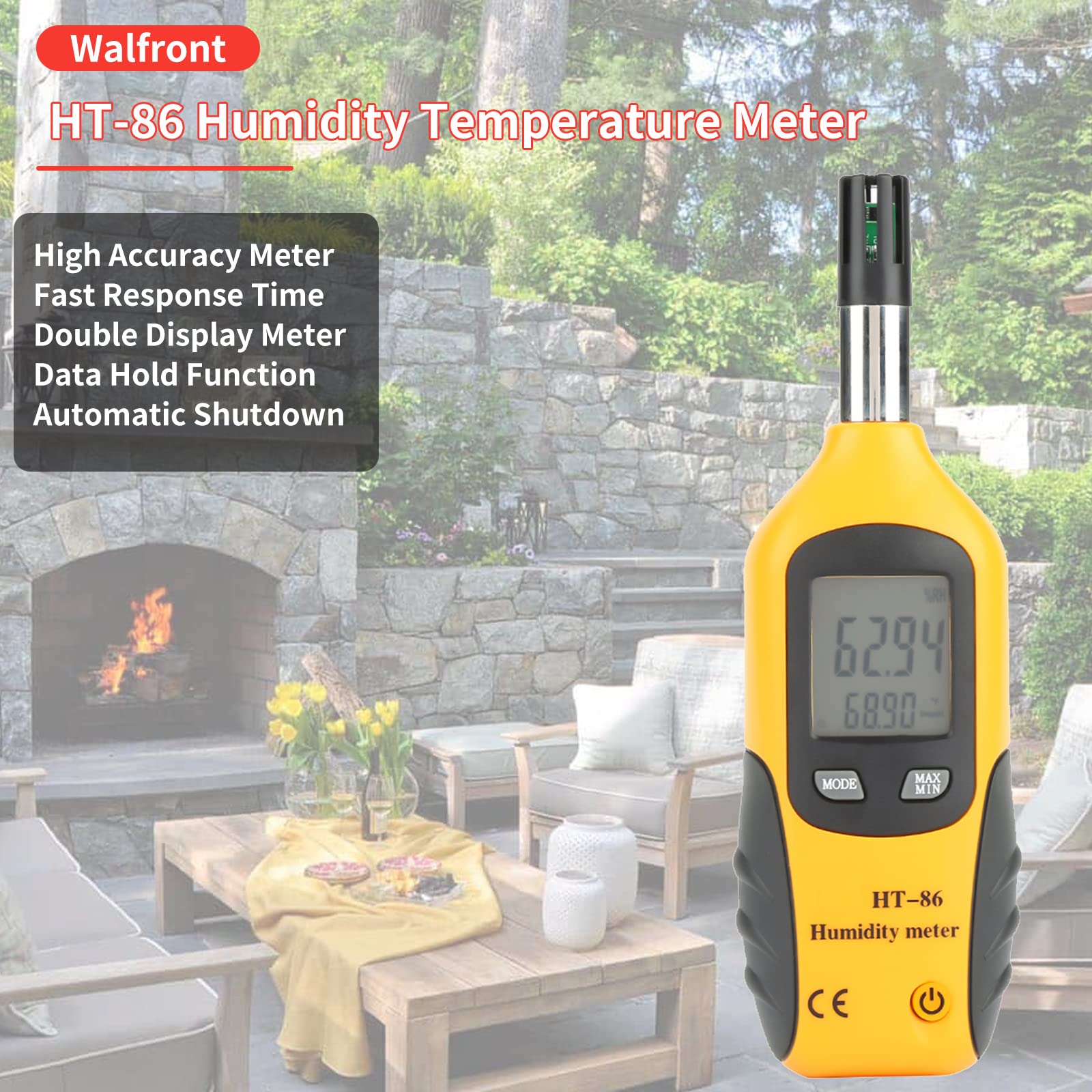 HT-86 Temperature Humidity Meter 2 in 1 Portable Digital Hygrometer Thermometer Humidity Gauge Monitor Indoor Outdoor with Wet Bulb Dew Point Double Display for Industry Agriculture Meteorology