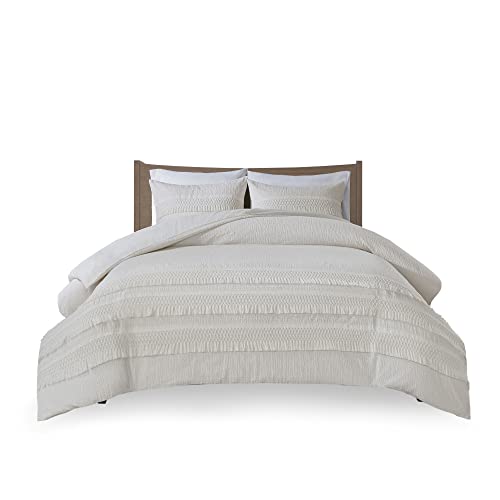 Madison Park Amaya 100% Cotton Duvet Set - Seersucker Design with Tassel Trims Accent, Breathable Cover for Comforter, All Season Bedding with Matching Sham, King/Cal King(104"x92") Ivory 3 Piece