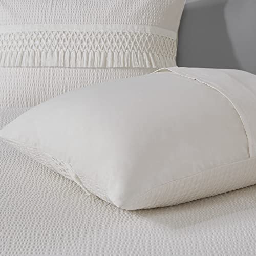 Madison Park Amaya 100% Cotton Duvet Set - Seersucker Design with Tassel Trims Accent, Breathable Cover for Comforter, All Season Bedding with Matching Sham, King/Cal King(104"x92") Ivory 3 Piece