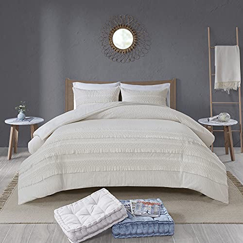 Madison Park Amaya 100% Cotton Duvet Set - Seersucker Design with Tassel Trims Accent, Breathable Cover for Comforter, All Season Bedding with Matching Sham, King/Cal King(104"x92") Ivory 3 Piece