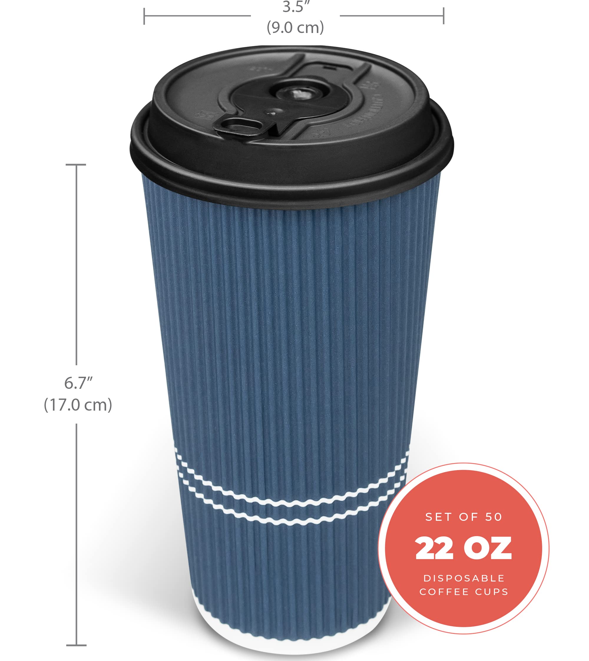 Glowcoast To Go Coffee Cups With Lids - 22 oz Disposable Coffee Cup With Lid (50 Set). Large Togo Travel Paper Ripple Hot Cups Insulated For Hot, Cold Beverage Drinks, No Sleeves Needed (Royal Blue)