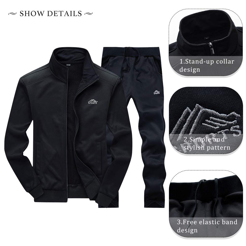 MANTORS Men's 2 Piece Tracksuit Full Zip Running Jogging Sports Sweatsuits 03Black-L