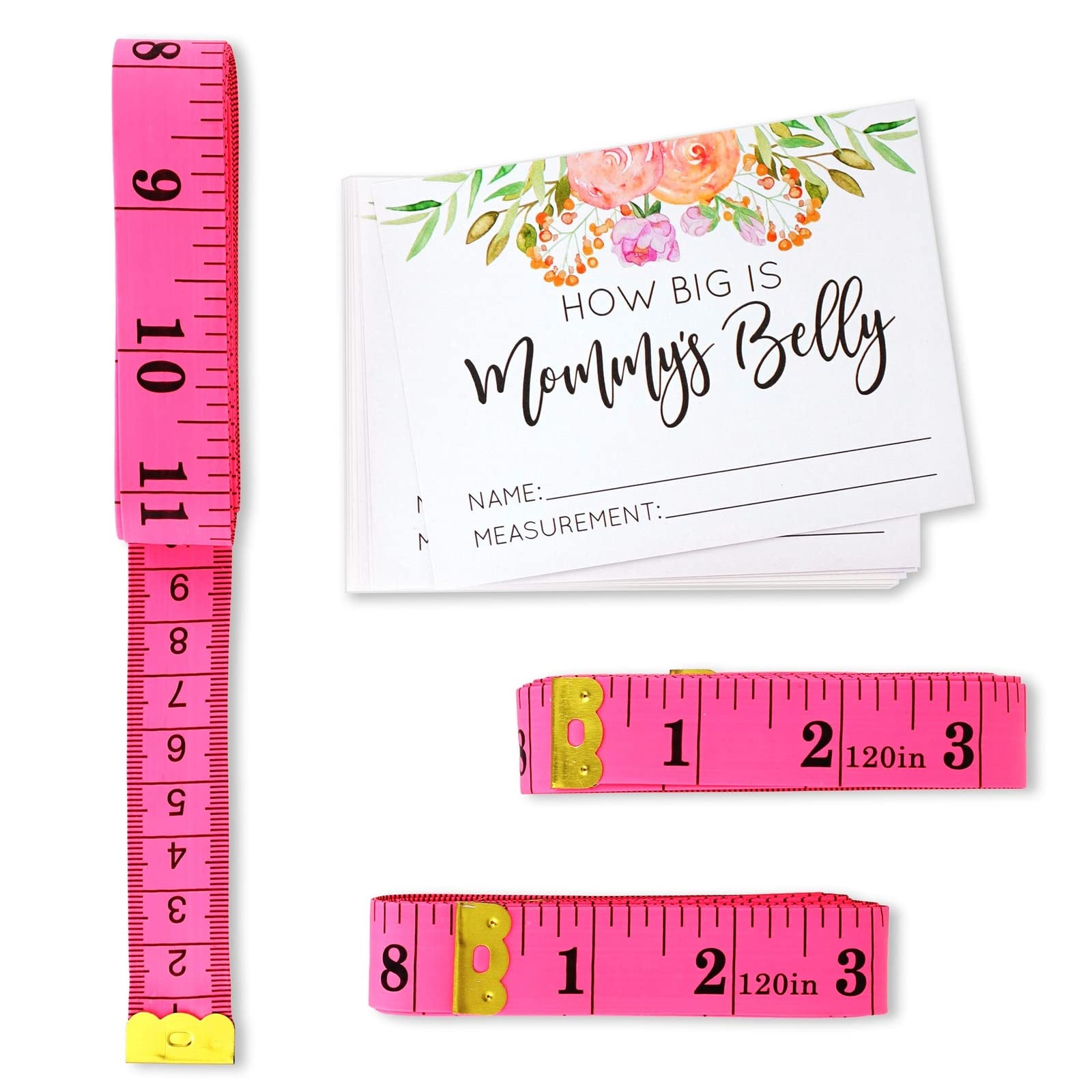 Sparkle and Bash Baby Shower How Big is Mommys Belly Game with 24 Cards, 3 Pink Measuring Tapes, 1 Sign (28 Piece Set)