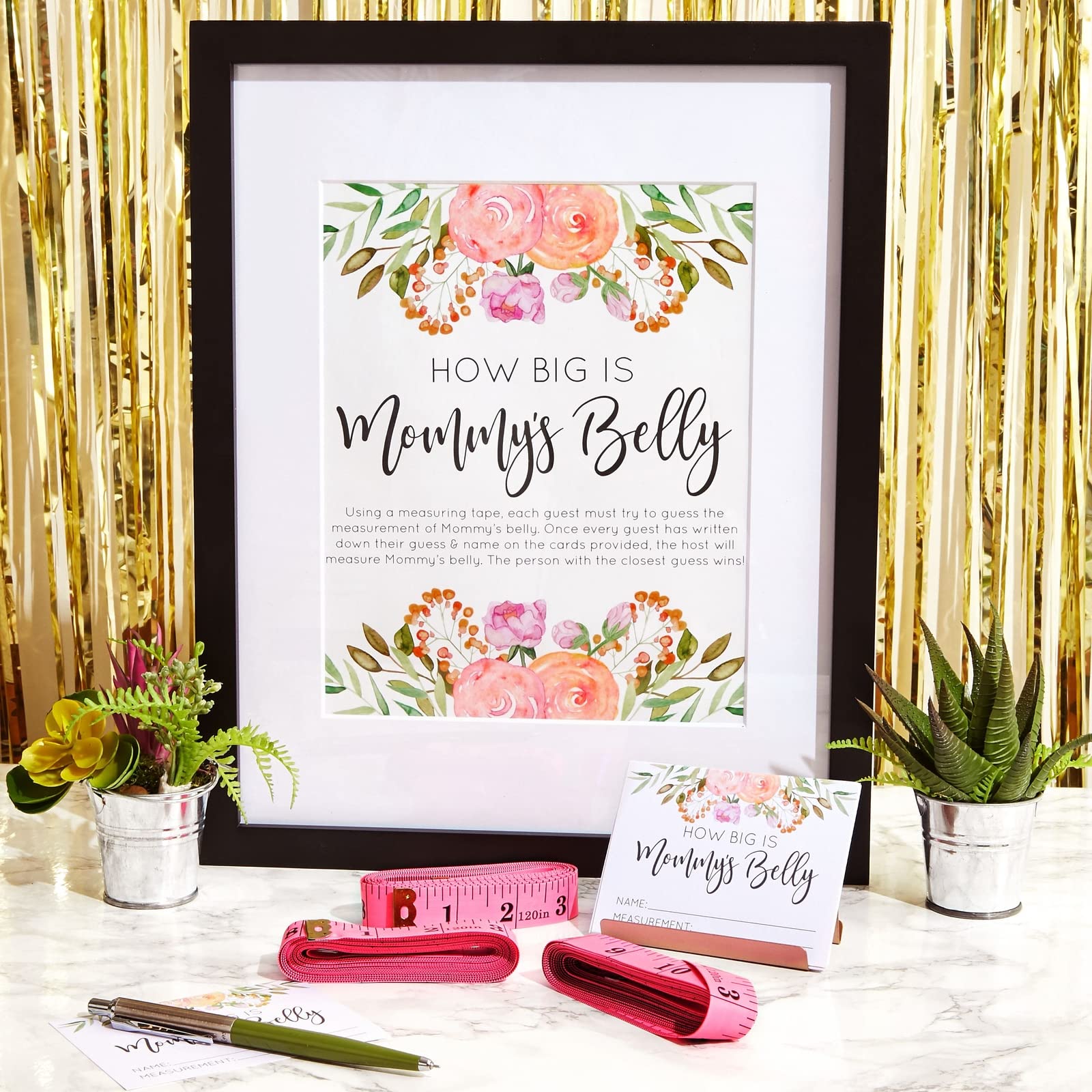 Sparkle and Bash Baby Shower How Big is Mommys Belly Game with 24 Cards, 3 Pink Measuring Tapes, 1 Sign (28 Piece Set)