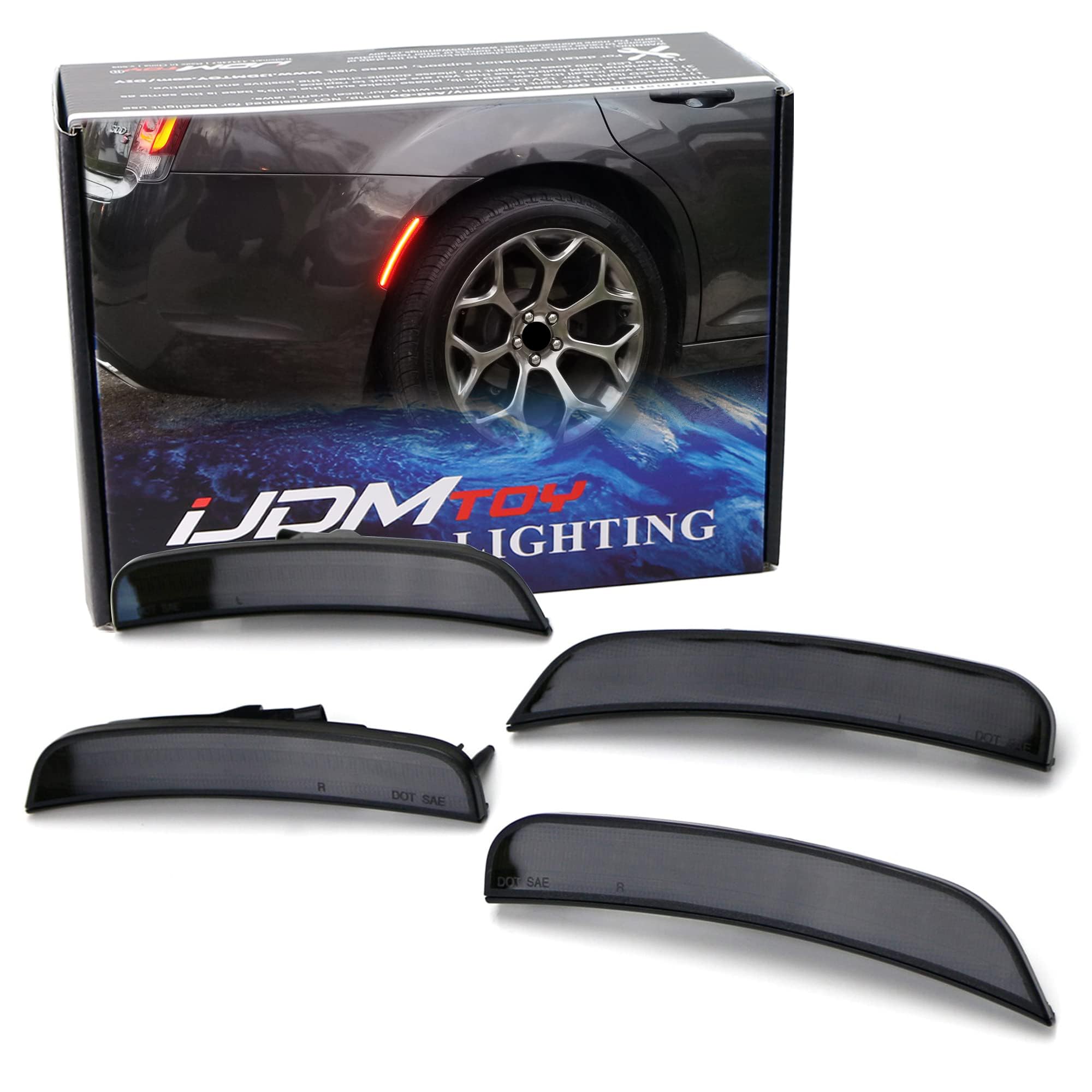 iJDMTOY 4pc Set Black-Out Dark Smoked Lens Amber Front & Red Rear Full LED Side Marker Lights Compatible With 2015-up Chrysler 300 (Total 180-SMD LED, Replace OEM Amber/Red Lens Sidemarkers)