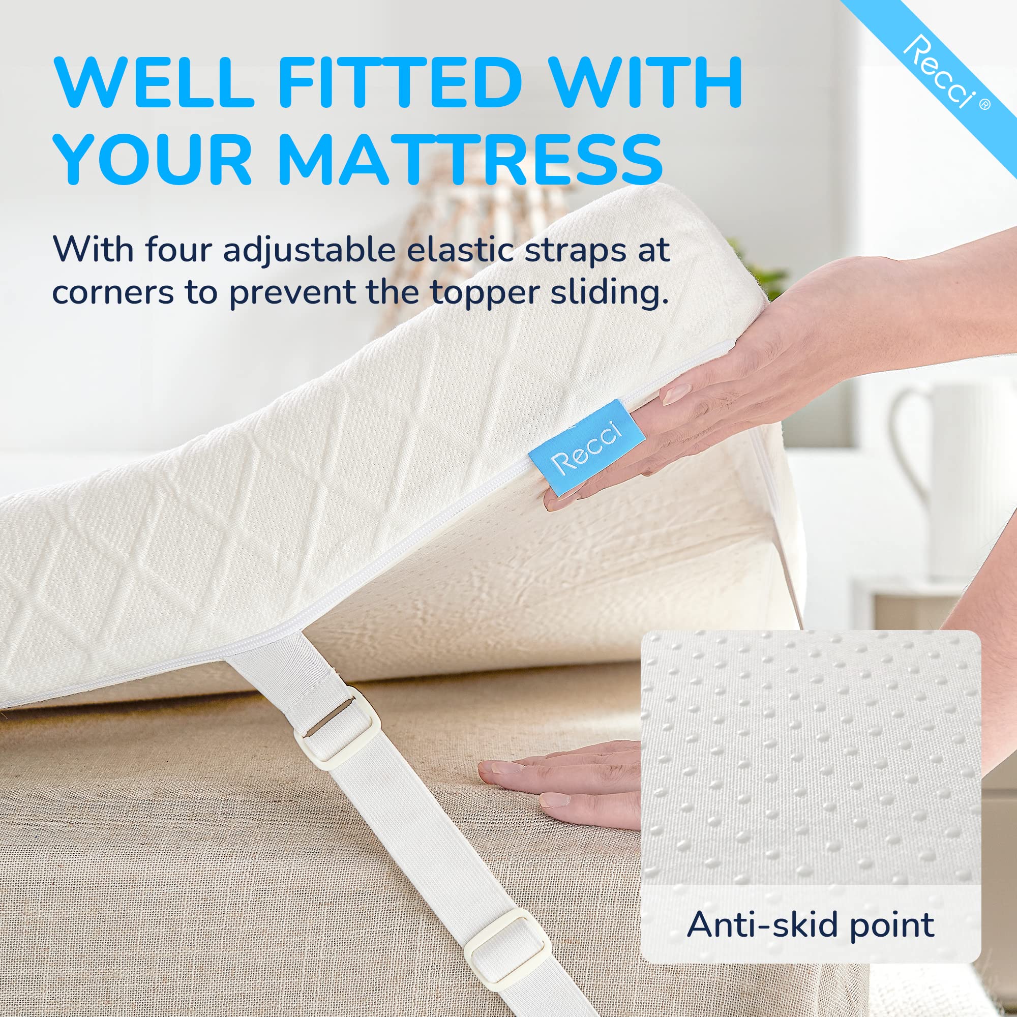 RECCI 2 Inch King Size Mattress Topper, 100% CertiPUR-US Certified Memory Foam, Pressure Relieving, Removable & Washable Cover, Ideal for Back Pain, Easy to Clean, Durable & Multi-Use