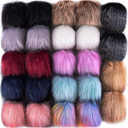 SIQUK 24 Pieces Faux Fox Fur Pom Pom Balls DIY Faux Fox Fur Fluffy Pom Pom with Elastic Loop for Hats Keychains Scarves Gloves Bags Accessories(12 Bright Colors, 2 Pcs Each Color)