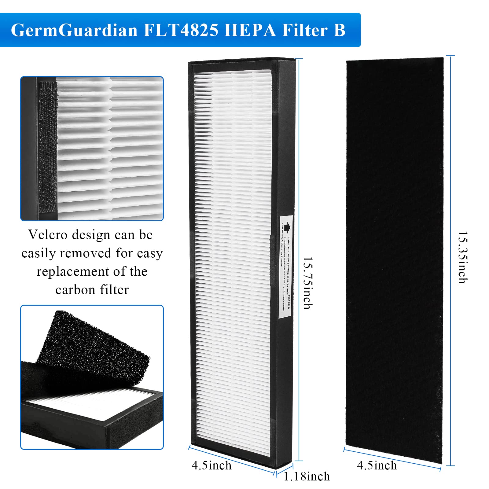XIMOON FLT4825 HEPA Filter B Replacement GermGuardian AC4825 AC4825E AC4850PT FLT4800 AC4300 AC4800 AC4900 AC4900CA AC4820 For PureGuardian AP2200CA Activated Carbon Pre-Filters - 4 Pack