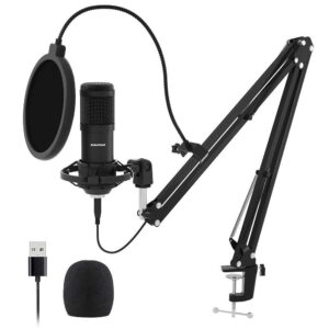 sudotack usb streaming podcast pc microphone, 192khz/24bit studio cardioid condenser mic kit with sound card, boom arm, shock mount, pop filter, for skype, youtuber, karaoke, gaming, recording