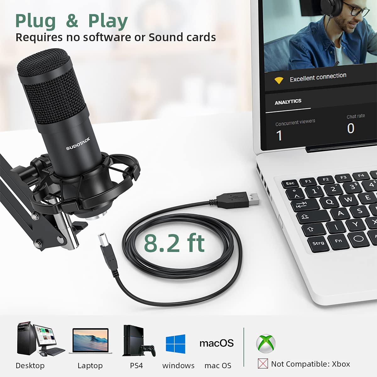 Sudotack USB Streaming Podcast PC Microphone, 192KHz/24Bit Studio Cardioid Condenser Mic Kit with Sound Card, Boom Arm, Shock Mount, Pop Filter, for Skype, YouTuber, Karaoke, Gaming, Recording