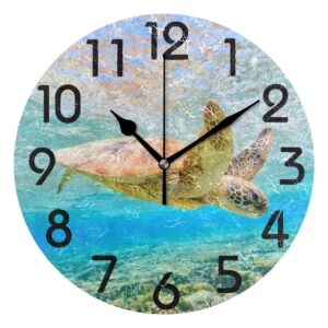 naanle chic 3d underwater ocean swimming sea turtle print round wall clock decorative, 9.5 inch battery operated quartz analog quiet desk clock for home,office,school