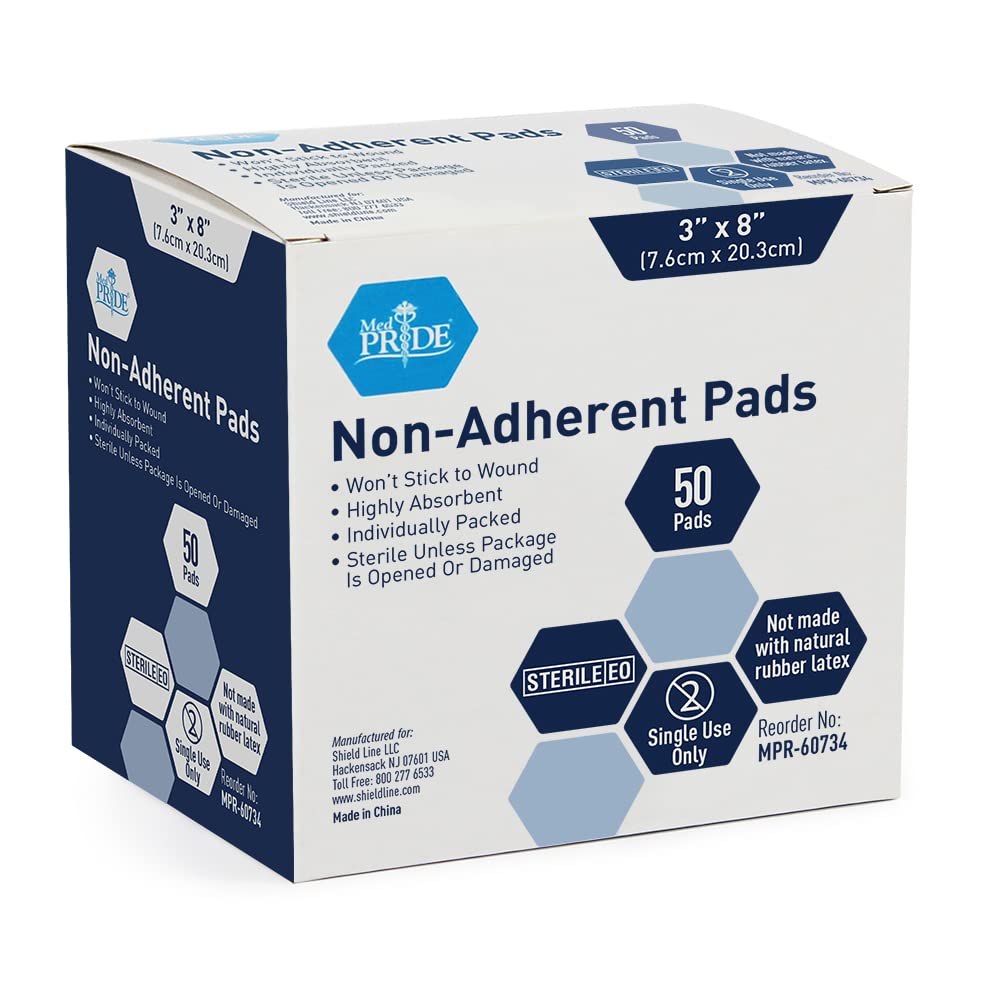 MED PRIDE Sterile Non-Adherent Pads| 50-Pack, 3” x 8”| Non-Adhesive Wound Dressing| Highly Absorbent & Non-Stick, Painless Removal-Switch| Individually Wrapped for Extra Protection