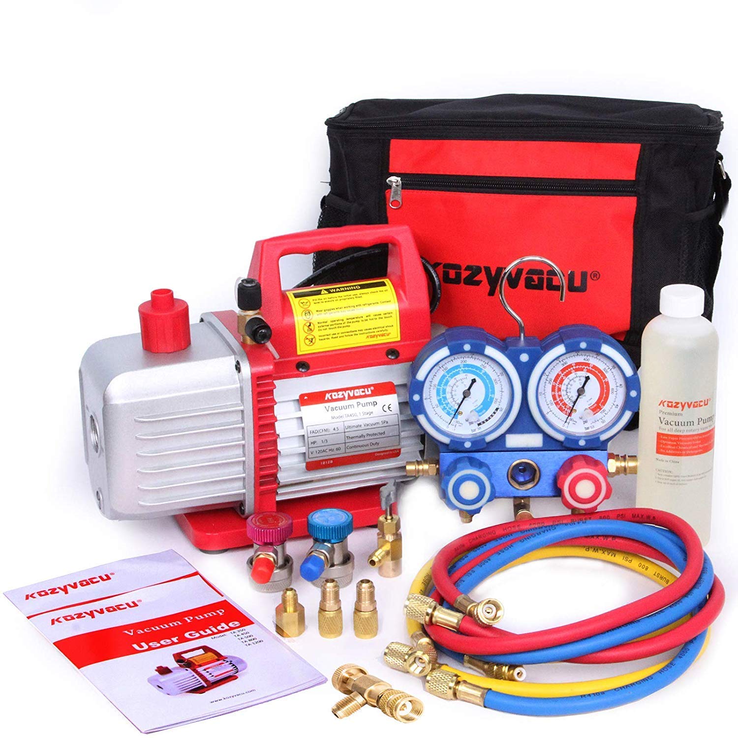 Kozyvacu Mini Split/HVAC/AUTO AC Repair Complete Tool Kit - Includes 1-Stage 4.5 CFM Vacuum Pump, Manifold Gauge Set, Hoses and Accessories, Perfect for AC Recovery and R134a Refrigeration(TA450F)