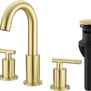 TRUSTMI 2 Handle 8 Inch Brass Bathroom Sink Faucet 3 Hole Widespread with Valve and cUPC Water Supply Hoses, with Overflow Pop Up Drain Assembly, Brushed Gold