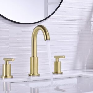 TRUSTMI 2 Handle 8 Inch Brass Bathroom Sink Faucet 3 Hole Widespread with Valve and cUPC Water Supply Hoses, with Overflow Pop Up Drain Assembly, Brushed Gold