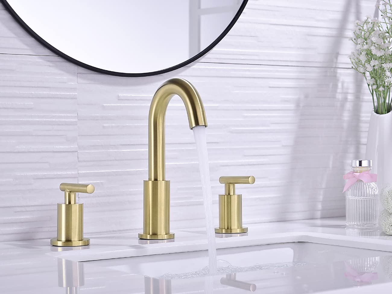 TRUSTMI 2 Handle 8 Inch Brass Bathroom Sink Faucet 3 Hole Widespread with Valve and cUPC Water Supply Hoses, with Overflow Pop Up Drain Assembly, Brushed Gold