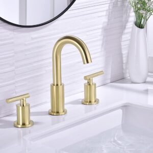 TRUSTMI 2 Handle 8 Inch Brass Bathroom Sink Faucet 3 Hole Widespread with Valve and cUPC Water Supply Hoses, with Overflow Pop Up Drain Assembly, Brushed Gold