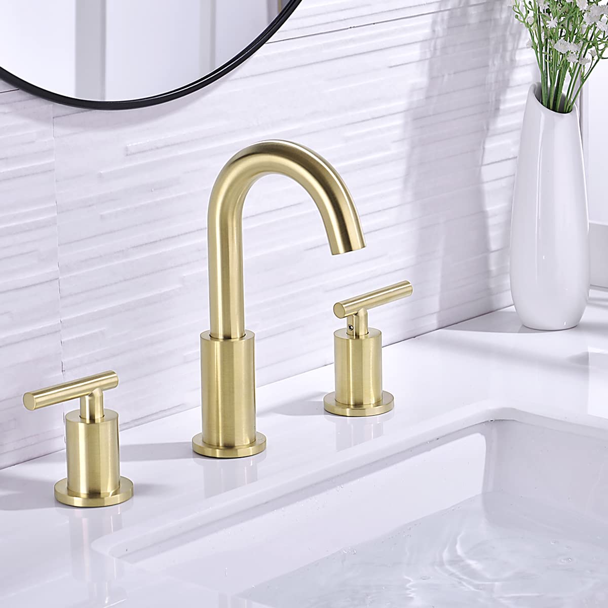 TRUSTMI 2 Handle 8 Inch Brass Bathroom Sink Faucet 3 Hole Widespread with Valve and cUPC Water Supply Hoses, with Overflow Pop Up Drain Assembly, Brushed Gold