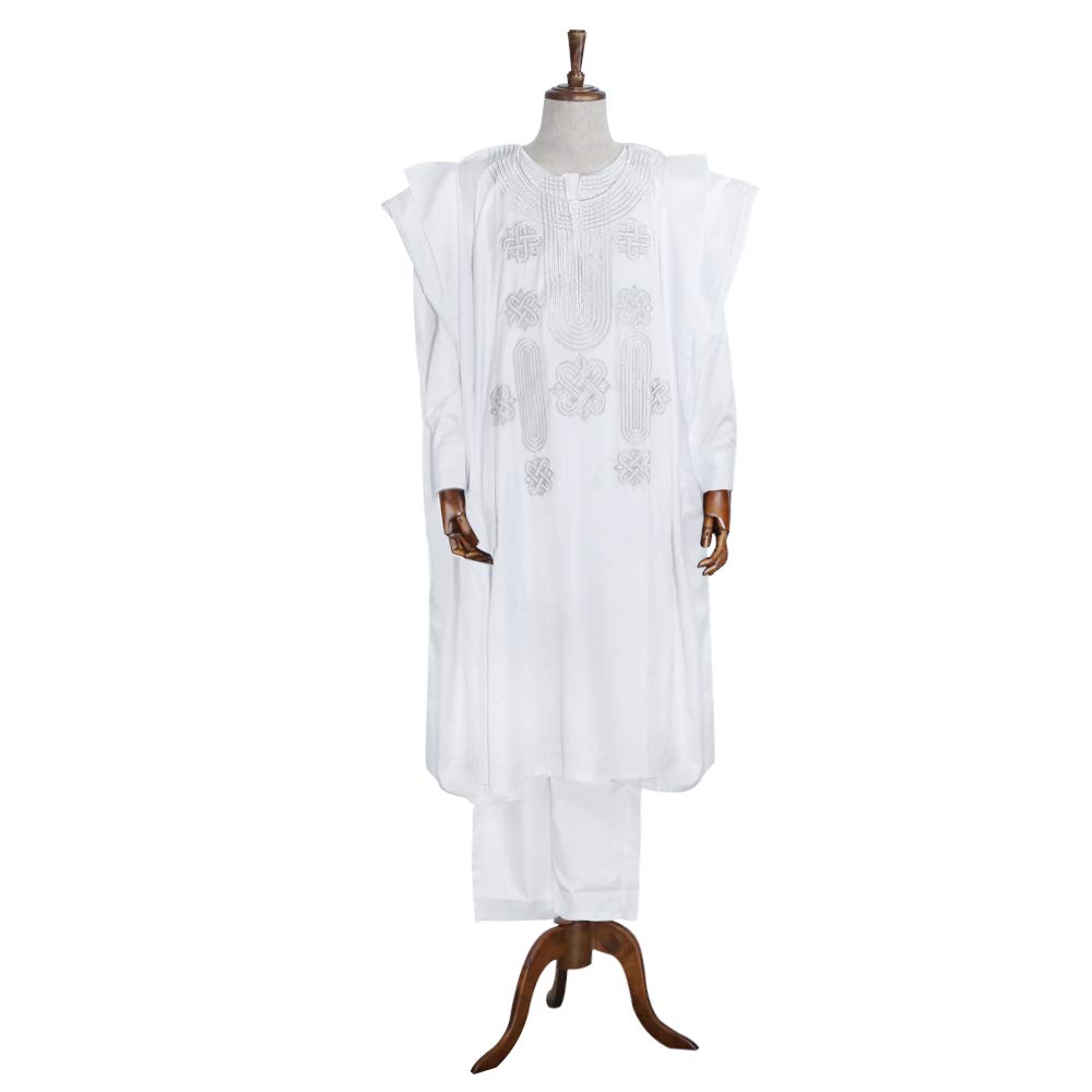 HD African Apparel Agbada Clothing Embroidery Dashiki Shirts and Pants African Men Outfits 3 Pieces, White L