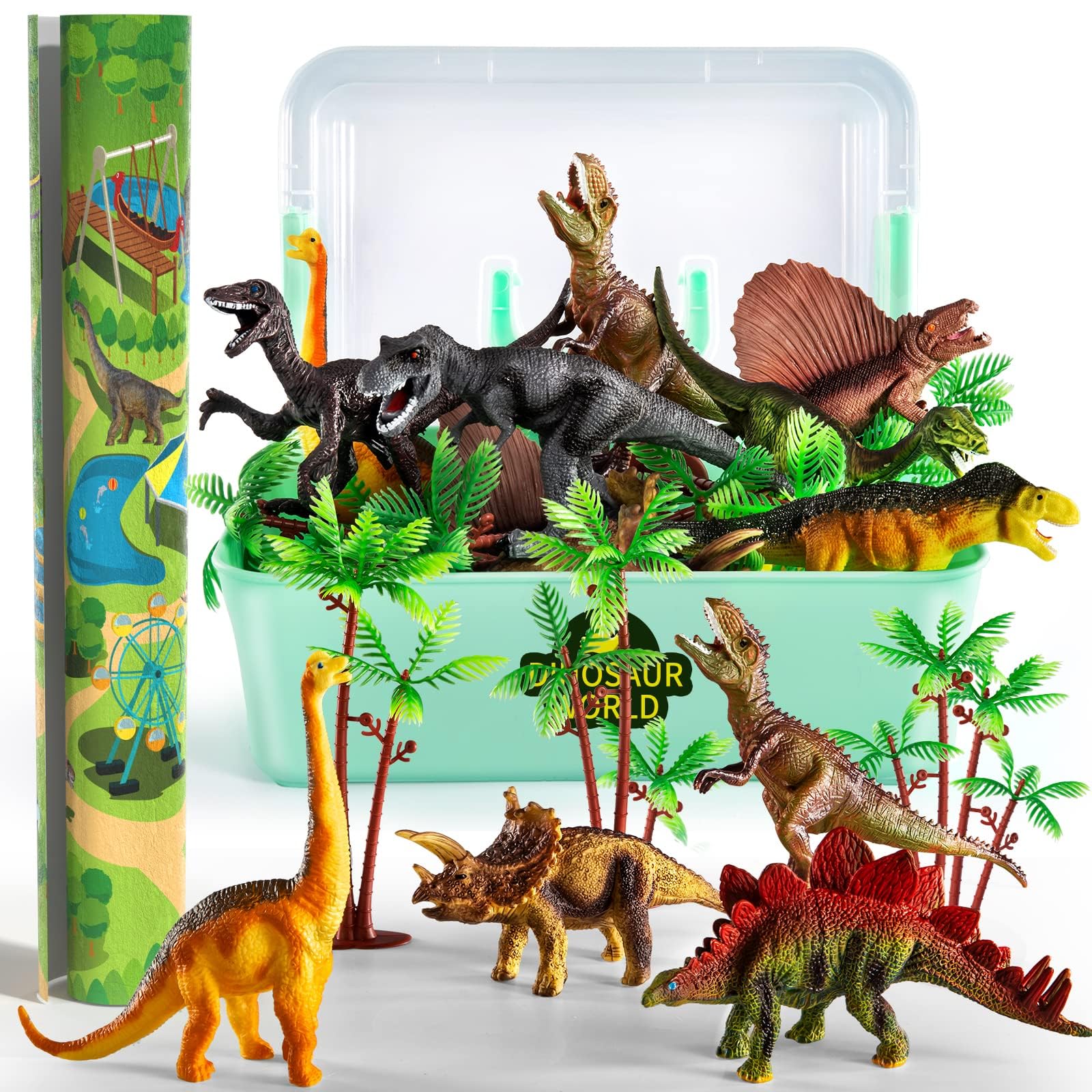 TEMI Dinosaur Toys for Kids 3-5, Realistic Jurassic Dinosaurs Figures with Play Mat & Trees to Create a Dino World Includes T-rex, Triceratops, Velociraptor, Gift for Toddler Boys & Girls 3 4 5 6 7