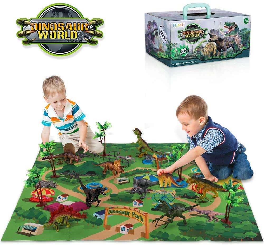 TEMI Dinosaur Toys for Kids 3-5, Realistic Jurassic Dinosaurs Figures with Play Mat & Trees to Create a Dino World Includes T-rex, Triceratops, Velociraptor, Gift for Toddler Boys & Girls 3 4 5 6 7