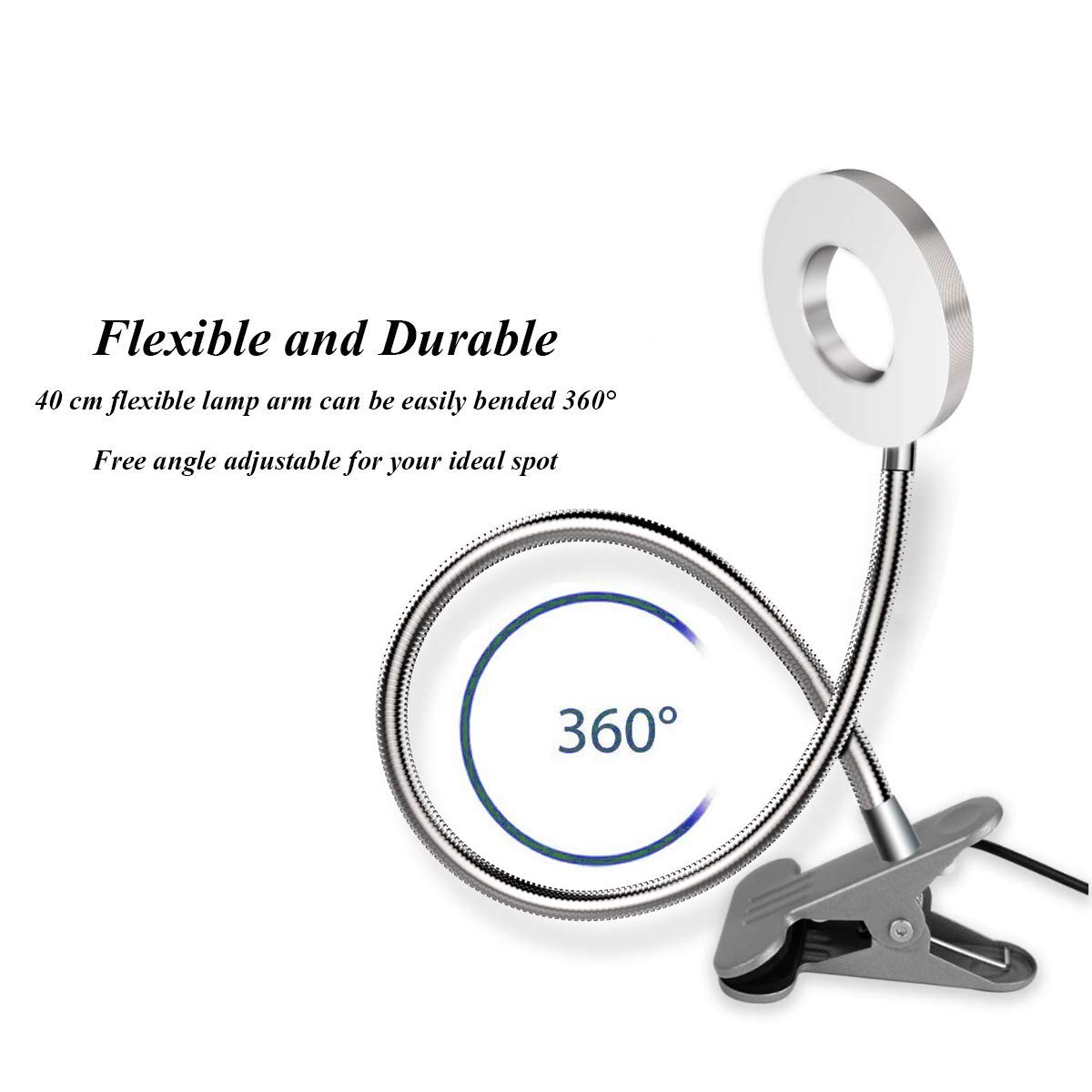 CLOOOUDS 7W Clip on Light, LED Clip On Lamp, USB Reading Book Light, Bed Lamp,Desk lamp, Warm Light and White Light