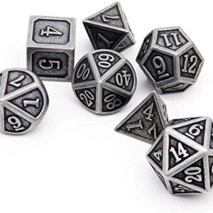 Haxtec Antique Iron Metal DND Dice Set Silver D&D Polyhedral Dice W/PU Leather Dice Bag for Dungeons and Dragons Gift TTRPG