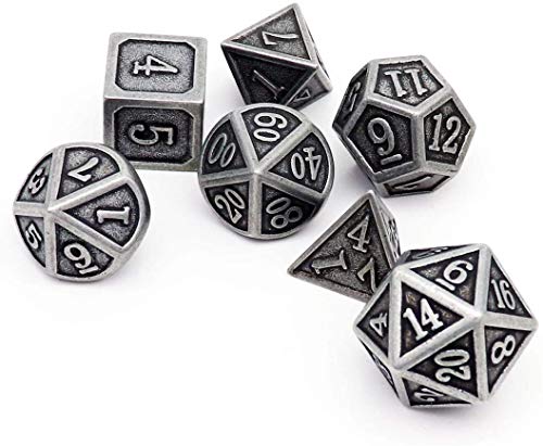 Haxtec Antique Iron Metal DND Dice Set Silver D&D Polyhedral Dice W/PU Leather Dice Bag for Dungeons and Dragons Gift TTRPG