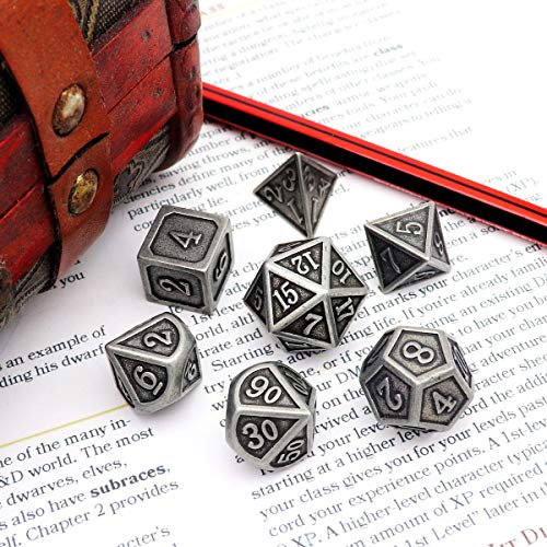 Haxtec Antique Iron Metal DND Dice Set Silver D&D Polyhedral Dice W/PU Leather Dice Bag for Dungeons and Dragons Gift TTRPG