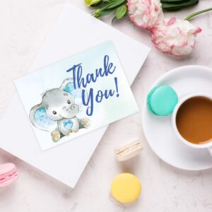 50 Blue Watercolor Boy Elephant Cute Baby Shower Thank You Cards, Double Sided Blank Inside with Envelopes- Made in the USA