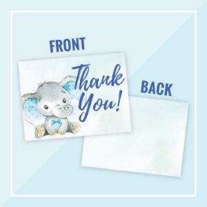 50 Blue Watercolor Boy Elephant Cute Baby Shower Thank You Cards, Double Sided Blank Inside with Envelopes- Made in the USA