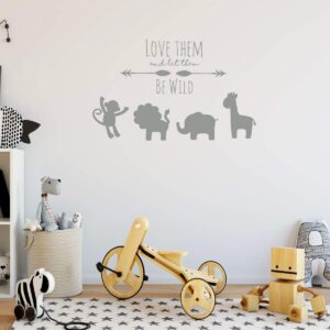 Animal Themed Wall Decal - Love Them Let Them Be Wild - Vinyl Decor for Baby's Nursery, Bedroom Kids Room, Playroom or Classroom – Silhouette of Lion, Hippo, Elephant and Giraffe