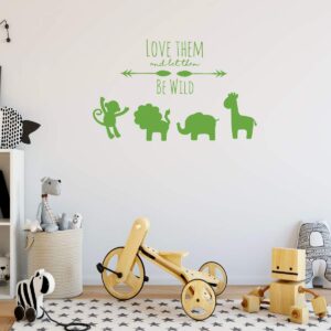 Animal Themed Wall Decal - Love Them Let Them Be Wild - Vinyl Decor for Baby's Nursery, Bedroom Kids Room, Playroom or Classroom – Silhouette of Lion, Hippo, Elephant and Giraffe