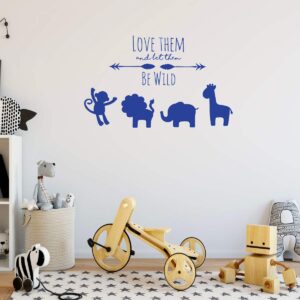 Animal Themed Wall Decal - Love Them Let Them Be Wild - Vinyl Decor for Baby's Nursery, Bedroom Kids Room, Playroom or Classroom – Silhouette of Lion, Hippo, Elephant and Giraffe