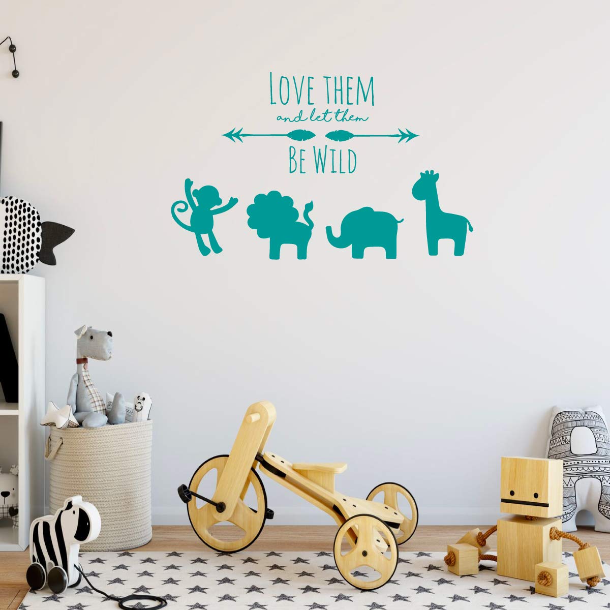 Animal Themed Wall Decal - Love Them Let Them Be Wild - Vinyl Decor for Baby's Nursery, Bedroom Kids Room, Playroom or Classroom – Silhouette of Lion, Hippo, Elephant and Giraffe