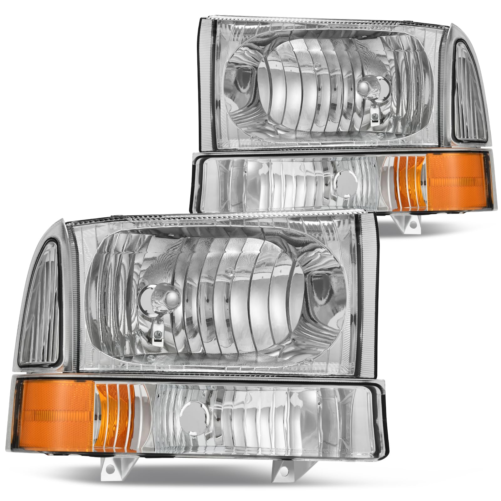 DWVO Headlights Assembly Compatible with 1999-2004 Ford F-250 F-350 F-450 F-550 Super Duty/2000-2004 Ford Excursion Pickup Truck Signal Lamps Chrome Housing Clear Lens Amber Reflector