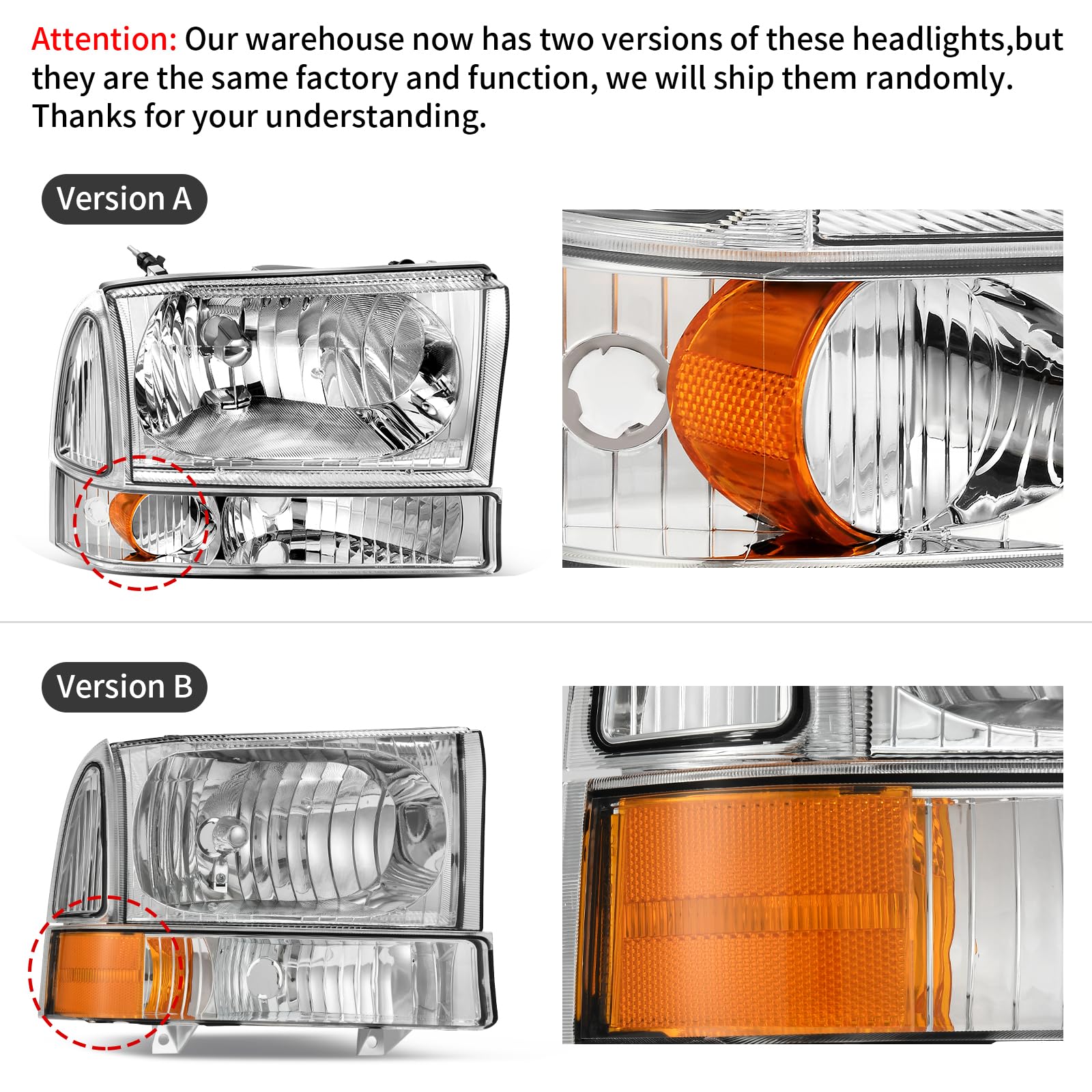 DWVO Headlights Assembly Compatible with 1999-2004 Ford F-250 F-350 F-450 F-550 Super Duty/2000-2004 Ford Excursion Pickup Truck Signal Lamps Chrome Housing Clear Lens Amber Reflector