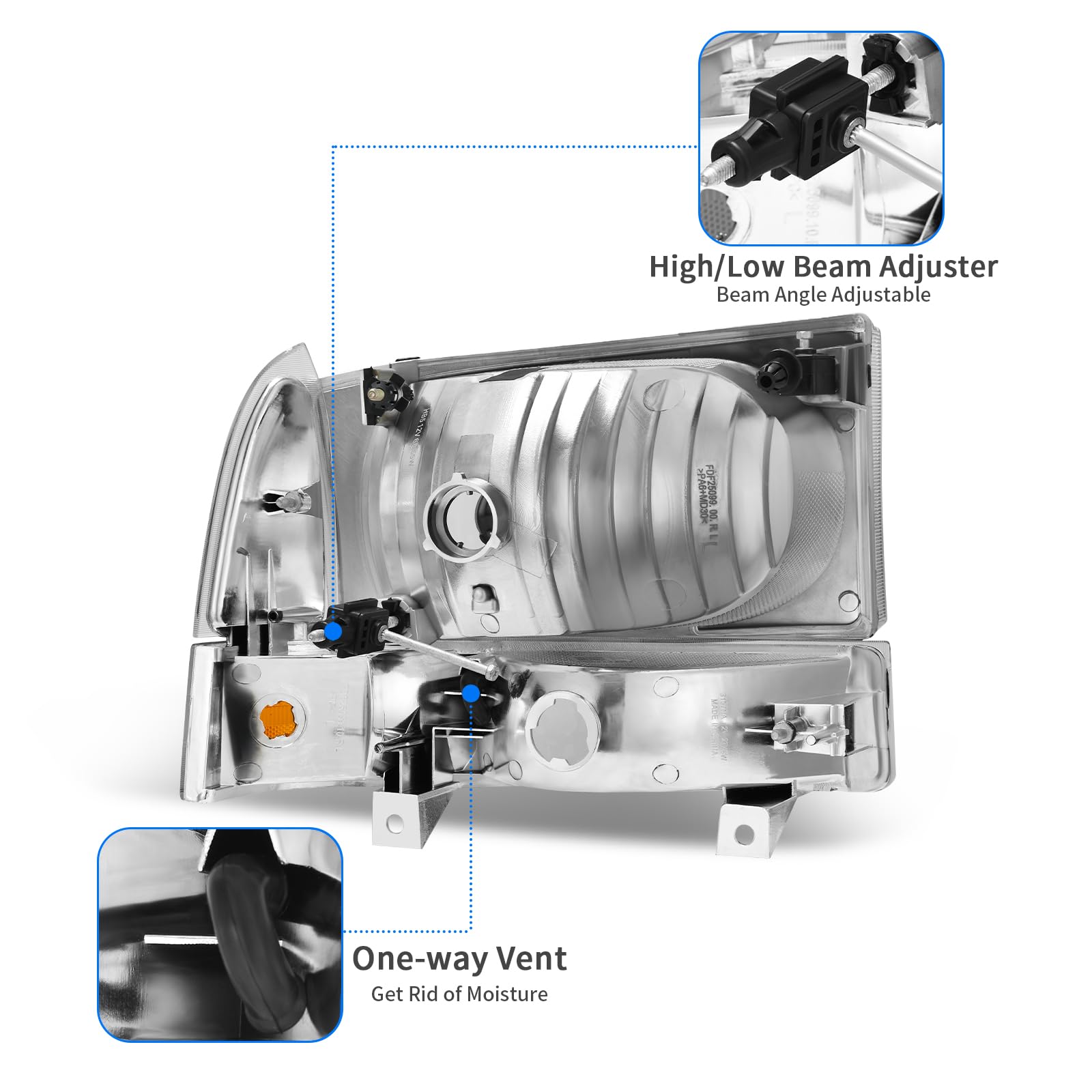 DWVO Headlights Assembly Compatible with 1999-2004 Ford F-250 F-350 F-450 F-550 Super Duty/2000-2004 Ford Excursion Pickup Truck Signal Lamps Chrome Housing Clear Lens Amber Reflector