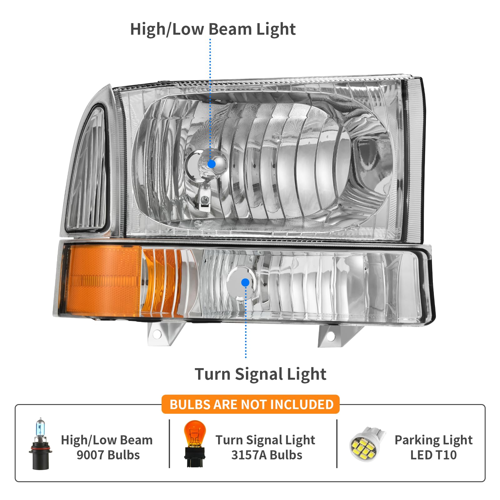 DWVO Headlights Assembly Compatible with 1999-2004 Ford F-250 F-350 F-450 F-550 Super Duty/2000-2004 Ford Excursion Pickup Truck Signal Lamps Chrome Housing Clear Lens Amber Reflector