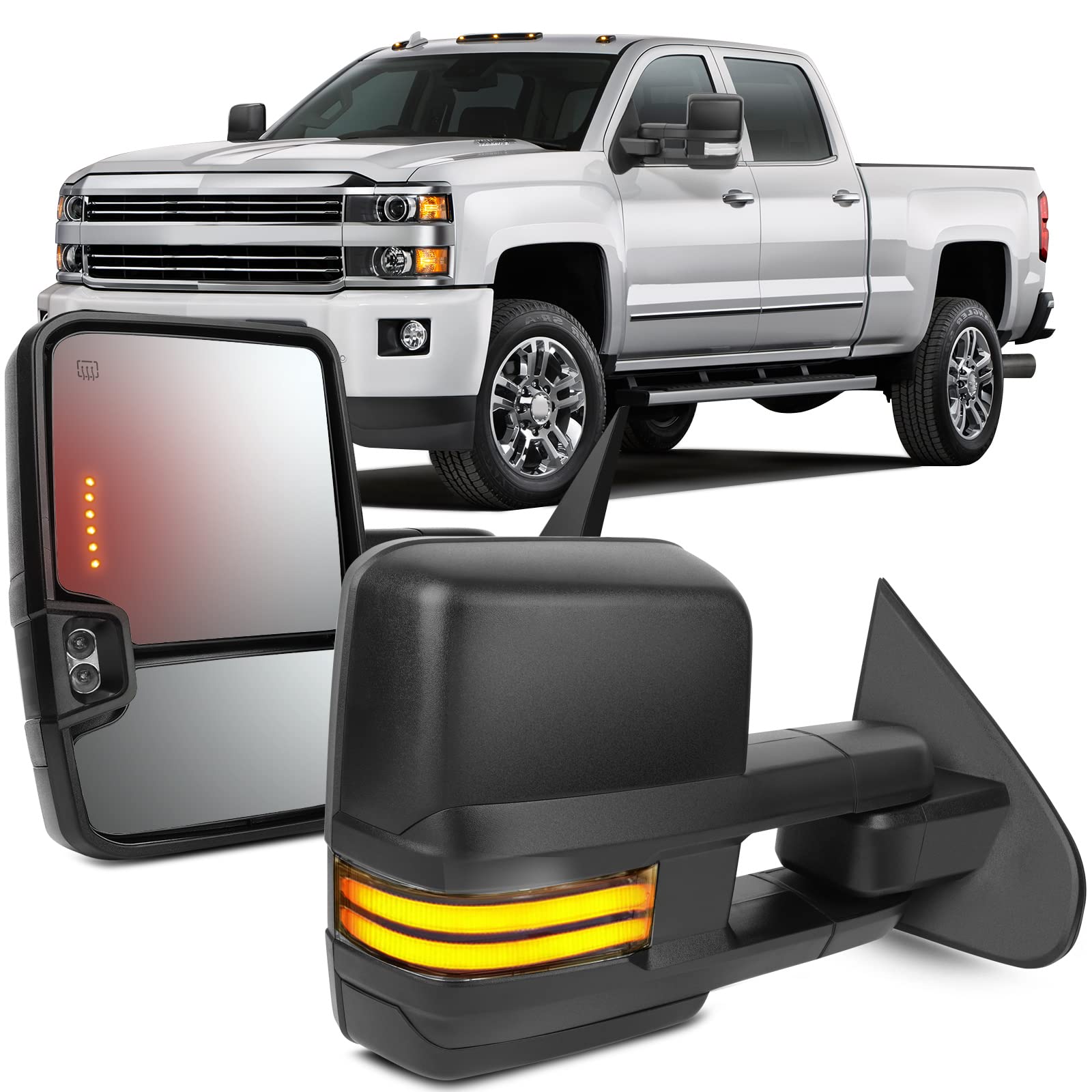 OCPTY Towing Mirrors with Power Heated Left Right Side Tow Mirrors Compatible with for Chevy 2014-2018 for GMC 2014-2018 with Running Lamp Black housing