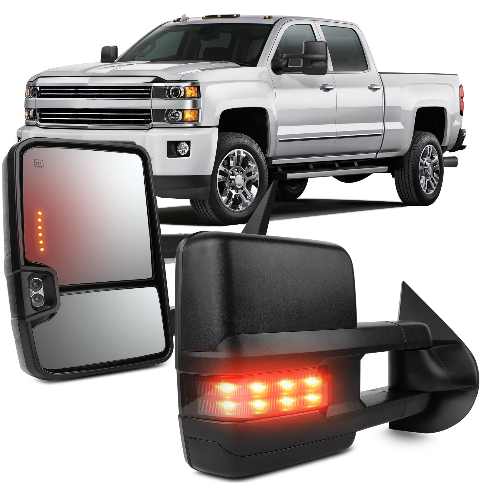 OCPTY Towing Mirrors with Power Heated Left and Right Side Tow Mirrors Compatible with 2003-2006 for Chevy Silverado/for GMC Sierra Pickup All Models Light Lens with LED Turn Signal Light with Black
