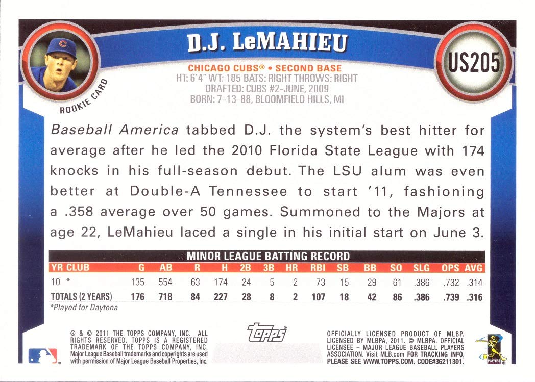 2011 Topps Update Baseball #US205 D.J. (DJ) Lemahieu Rookie Card