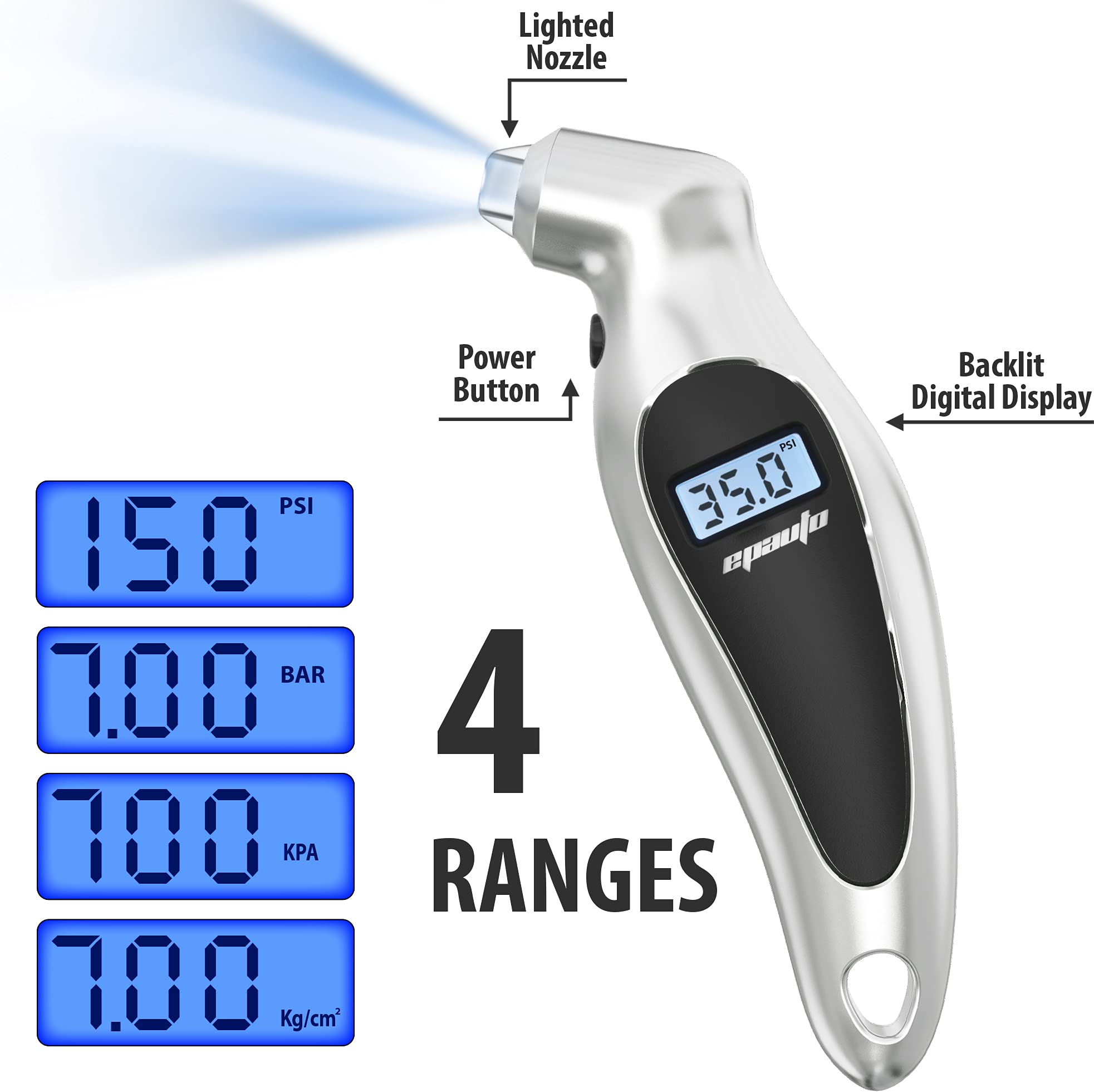 EPAuto Digital Tire Pressure Gauge, 150 PSI, Silver