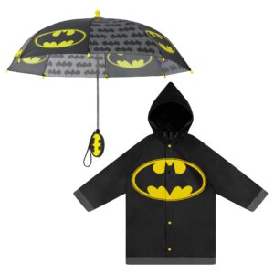 dc comics boys kids umbrella and poncho raincoat set, batman & superman rain wear for toddler 2-3 or kids 4-7