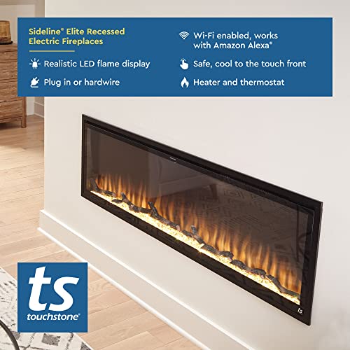 Touchstone Sideline Elite Smart 50” WiFi-Enabled Electric Fireplace - in-Wall Recessed - 60 Color Combinations - 1500/750 Watt Heater (68-88°F Thermostat) - Black - Log, Crystals & Driftwood - 80036