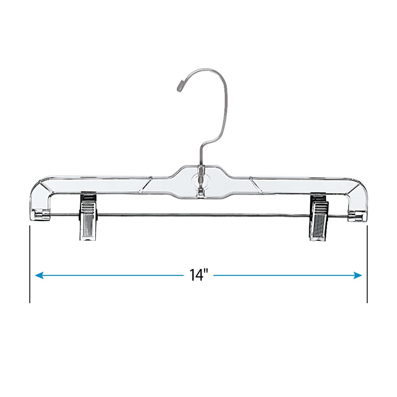 14 inch Clear Plastic Skirt and Pants Hangers - Pack of 20 - Perfect for Lightweight Fabrics Such As Rayon and Linen - Features Anchored Chrome Swivel Hooks, Hangbars, and Padded Metal Clips