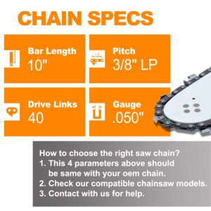 SUNGATOR 3-Pack 10 Inch Chainsaw Chain SG-S40, 3/8" LP Pitch - .050" Gauge - 40 Drive Links, Compatible with Remington, Craftsman, Poulan, Worx